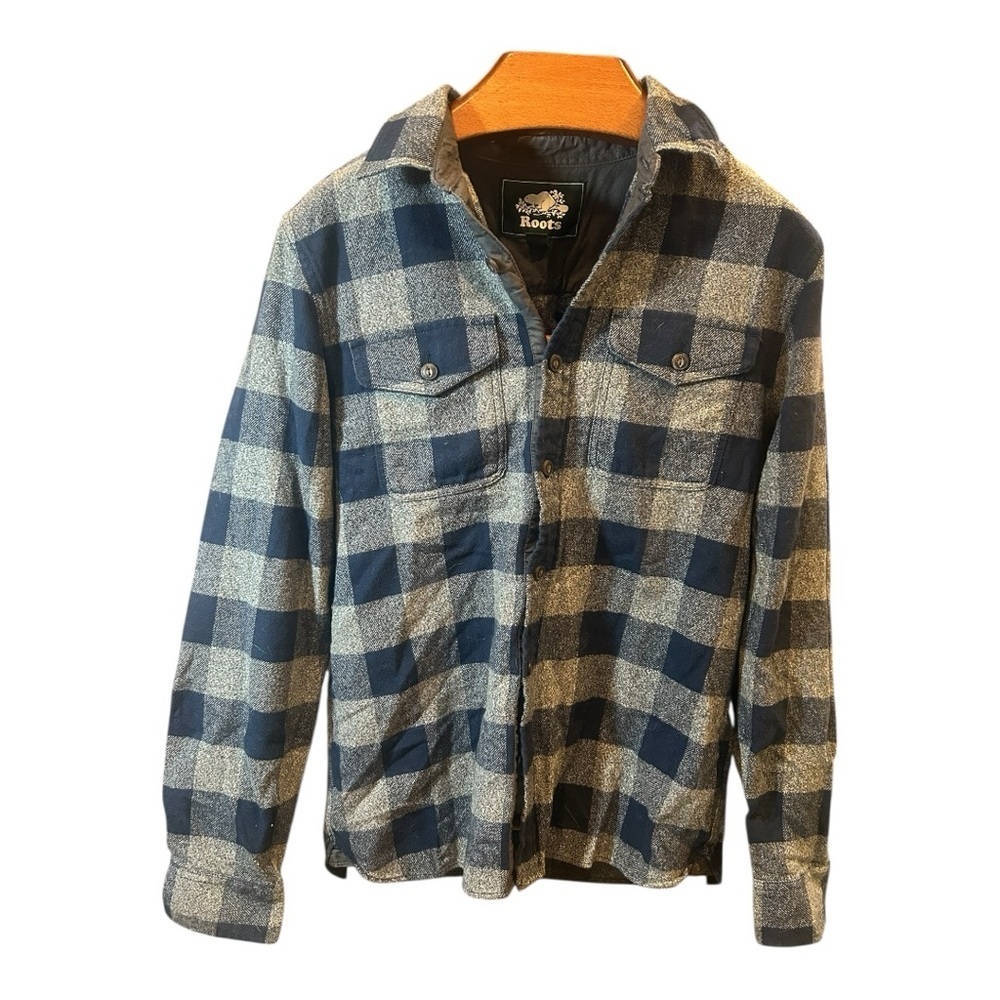 Roots Canada Plaid Flannel Jacket Shirt Blue Gray Small
